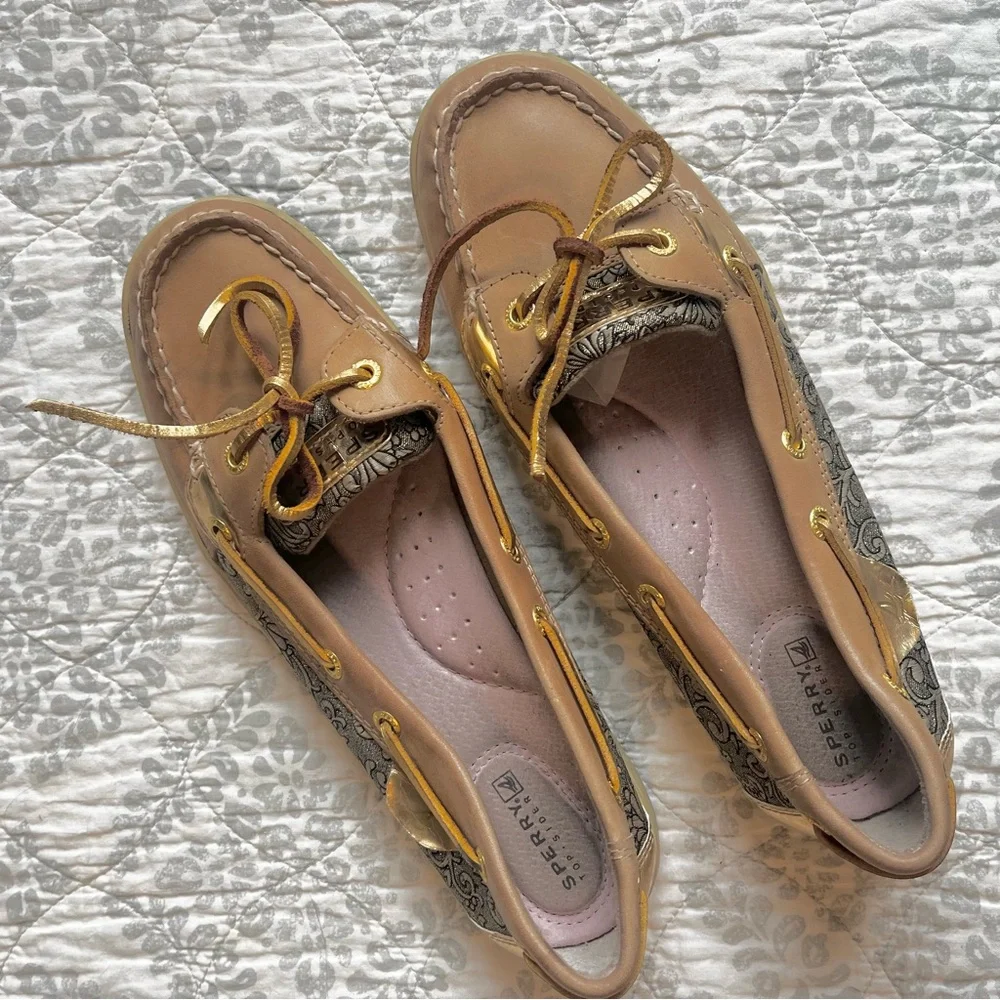 8.5 Sperry Top Sider Angel Fish Leather Loafers Metallic Detail Boat Shoes
